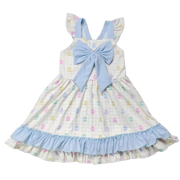 Girls pastel Easter party dress with large blue bow and ruffle hem, toddler size