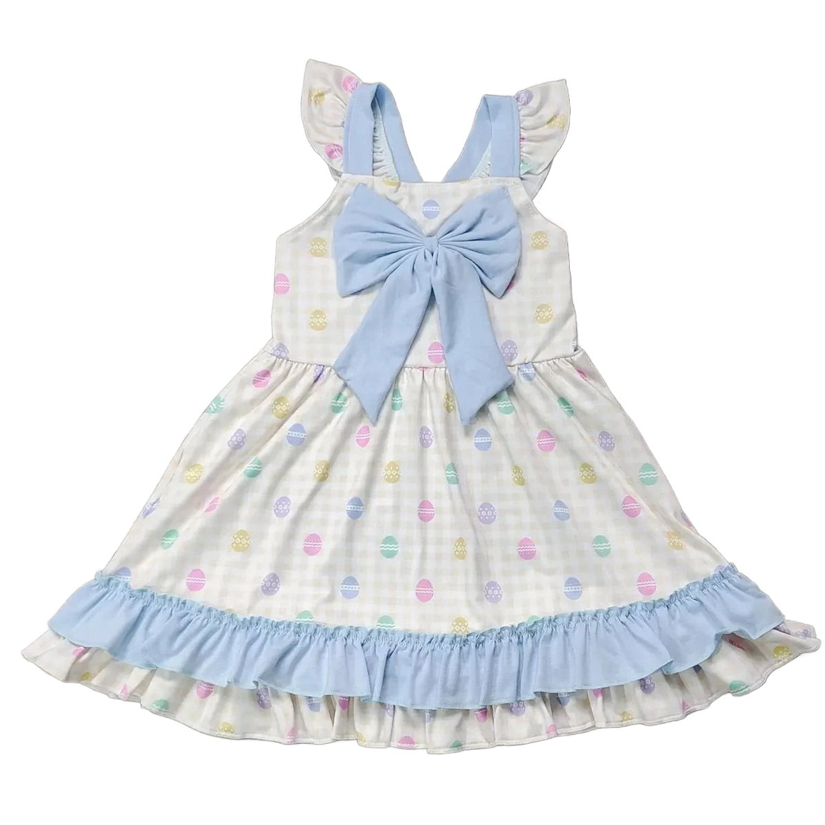 Toddler girls pastel party dress with blue bow, ruffled sleeves, and colorful egg pattern, size 2T