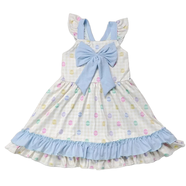 Toddler girls pastel party dress with blue bow, ruffled sleeves, and colorful egg pattern, size 2T