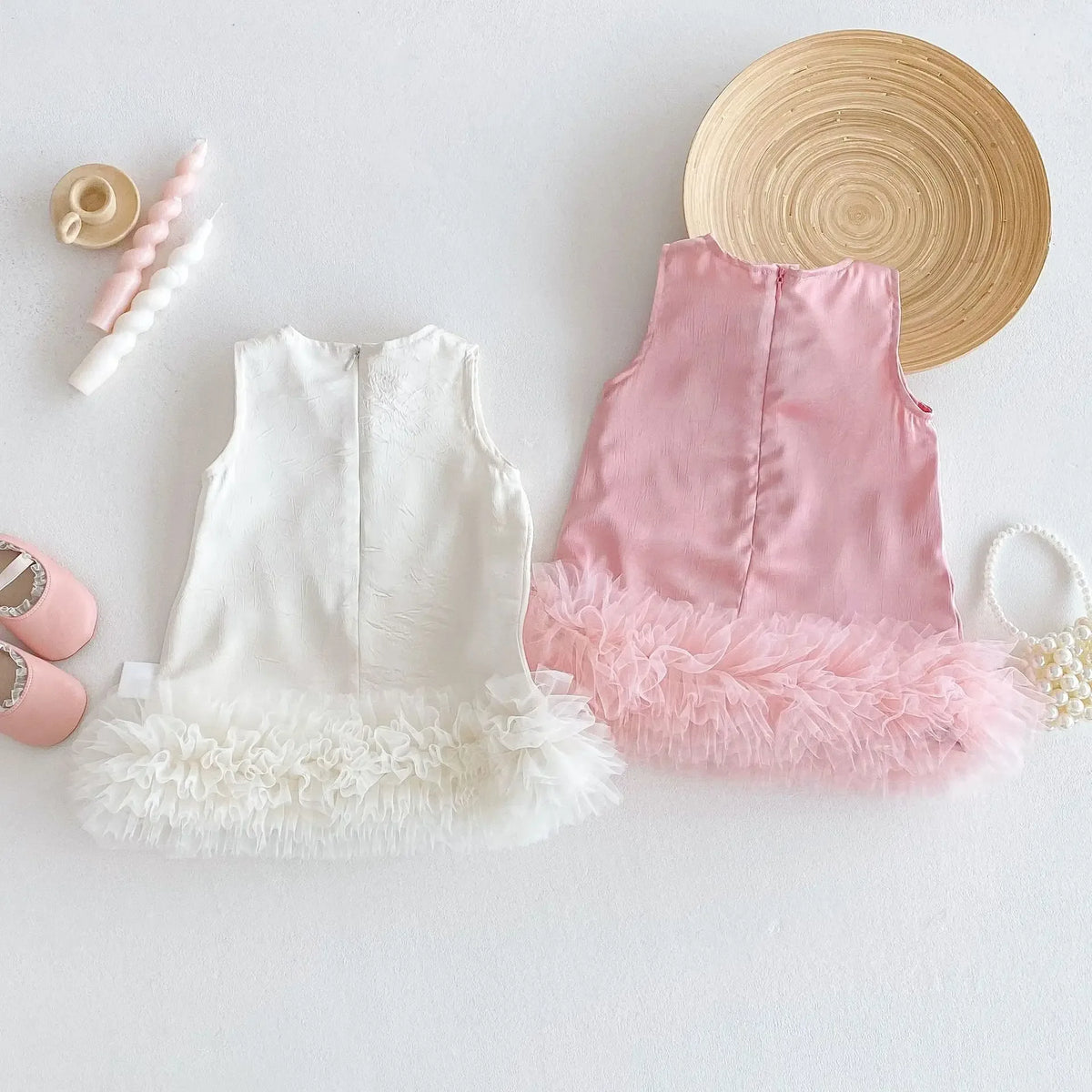 baby girls white and pink party dress with ruffled hem sleeveless 6 to 12 months