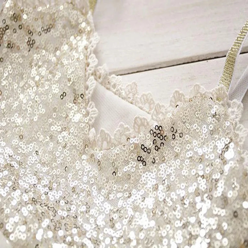 cream sequin party dress for babies with lace trim and gold straps