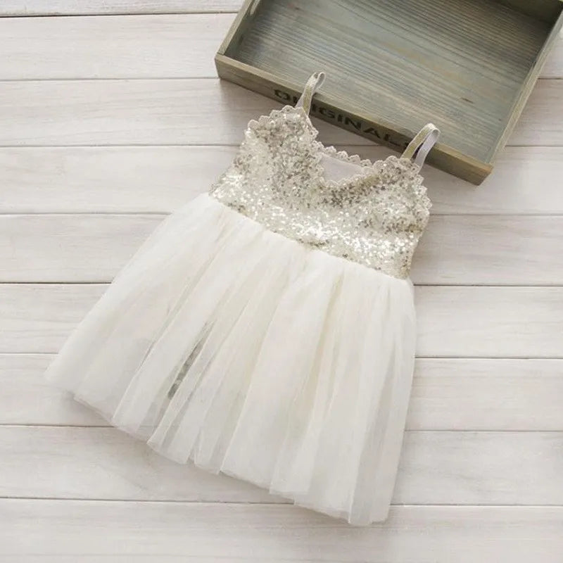 girls white party dress with silver sequin bodice and tulle skirt sleeveless for toddlers
