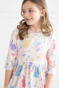 Girls pastel floral bunny dress for girls twirl pocket dress 3/4 sleeve in soft colors
