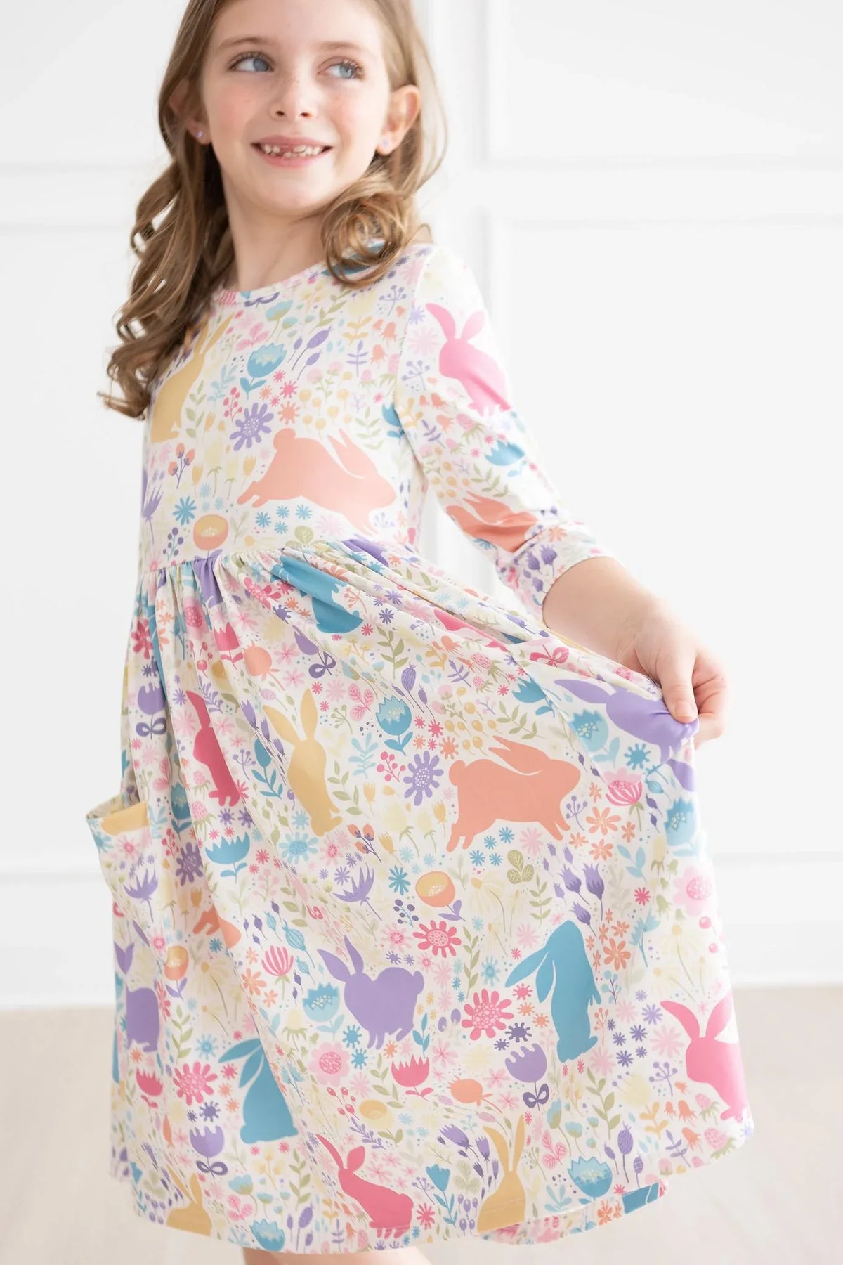 Girls pastel floral bunny dress for girls twirl pocket dress 3/4 sleeves by Mila & Rose