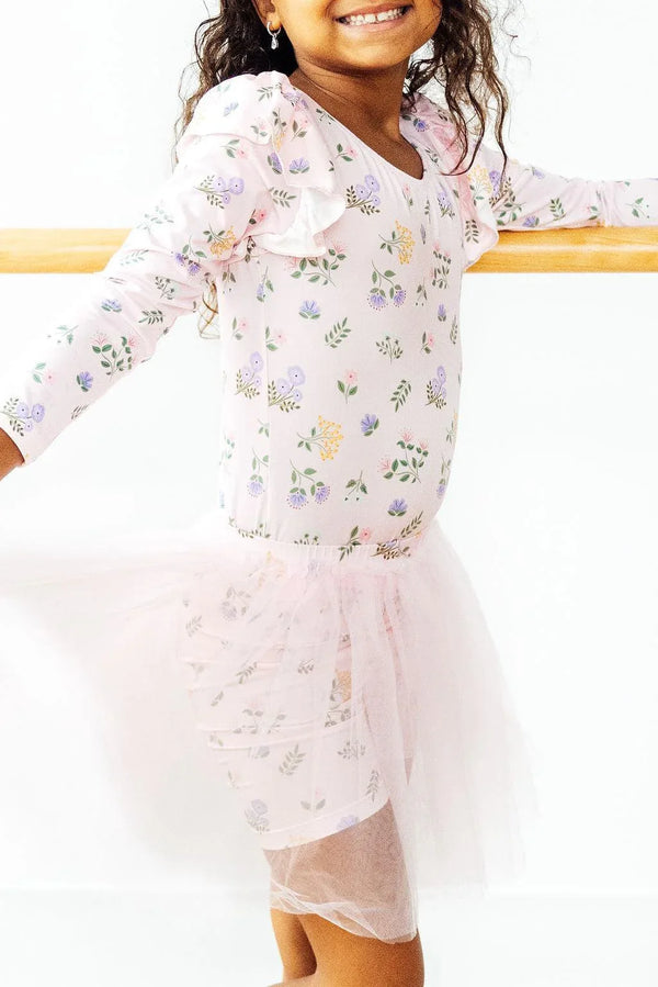 Girls pastel petals tutu shorts for girls in light pink with floral pattern and tulle overlay, toddler size