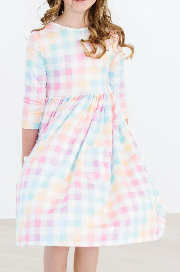 Pastel plaid girls twirl dress with 3/4 sleeves in soft multicolor for young girls