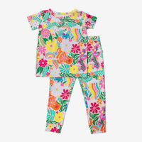 Two-piece short-sleeve pajama set with pants in Rainbow Daisy Babe floral print.
