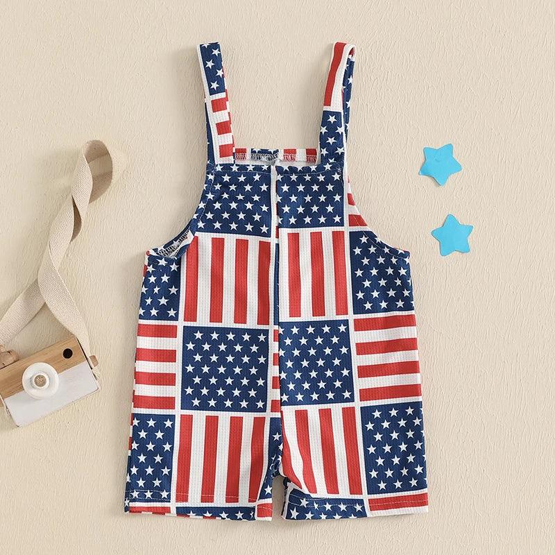 patriotic baby overalls with red white and blue stars and stripes designed for infants and toddlers