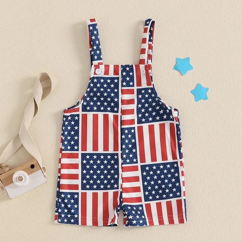 patriotic baby overalls with American flag pattern in red white and blue for toddlers