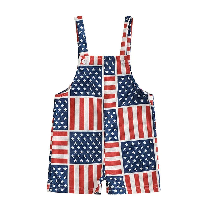 red white and blue patriotic baby overalls with stars and stripes pattern for infants
