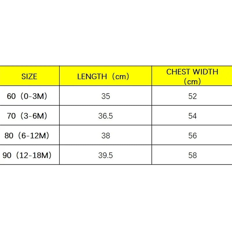 size chart for patriotic baby overalls in centimeters for ages 0 to 18 months