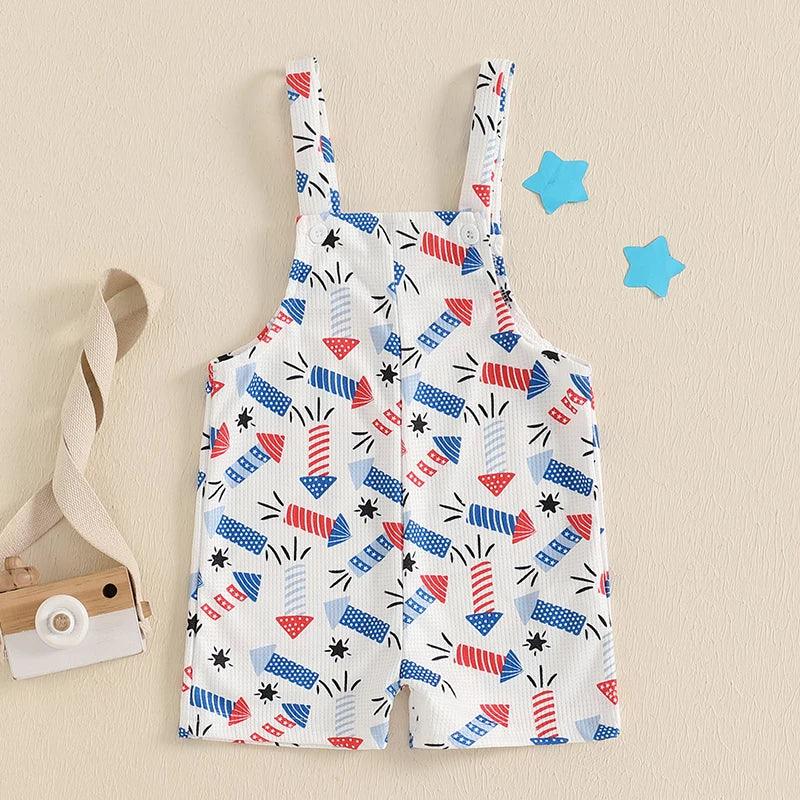 white patriotic baby overalls with red and blue fireworks print for babies and kids