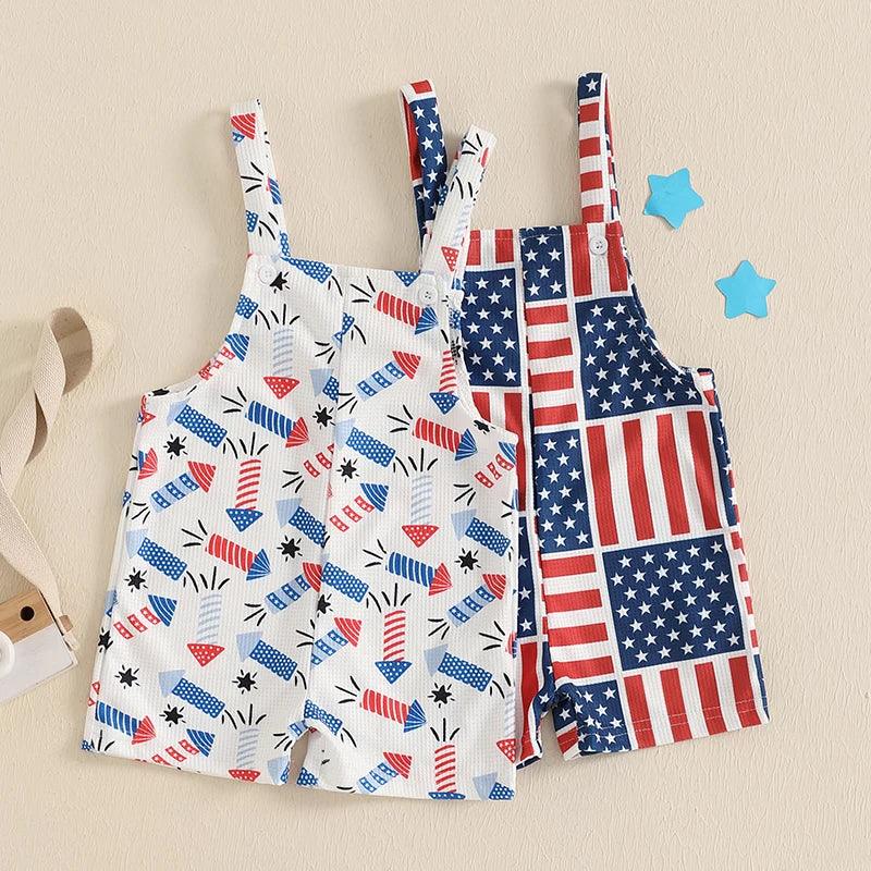 Two patriotic baby overalls in red white and blue for infants with firework and flag patterns