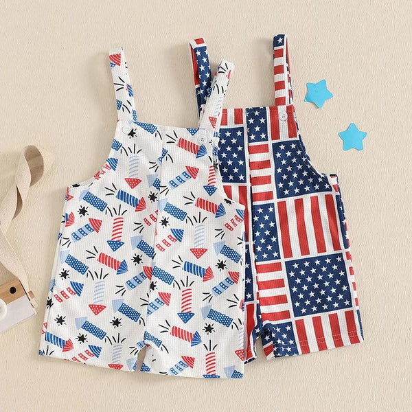 Two patriotic baby overalls in red white and blue for infants with firework and flag patterns