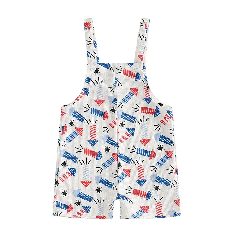 white patriotic baby overalls with red and blue firework print for infants and toddlers