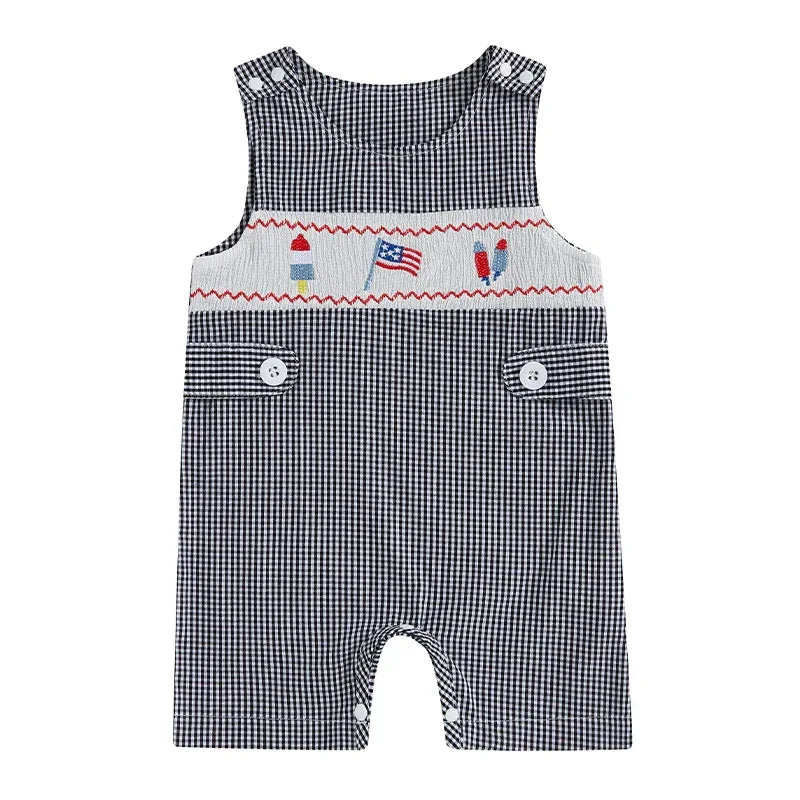 patriotic baby romper navy blue and white checkered sleeveless toddler romper with embroidered American flag and ice cream details