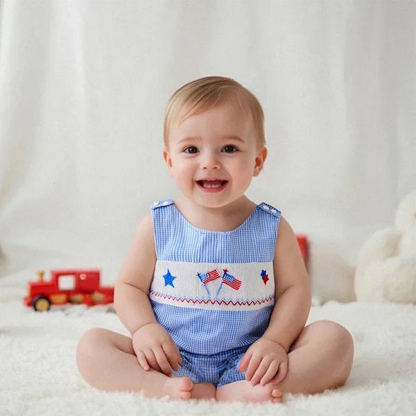 baby blue patriotic baby romper with American flag embroidery and star details for infants