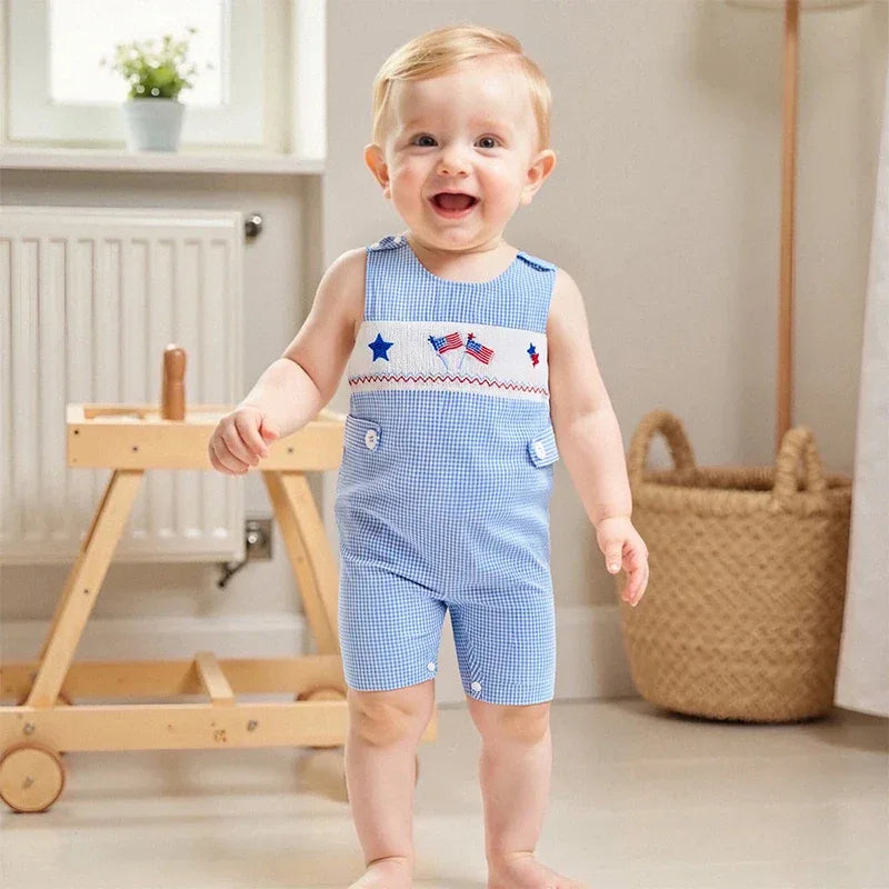 Blue and white gingham patriotic baby romper for infants with American flag and star embroidery