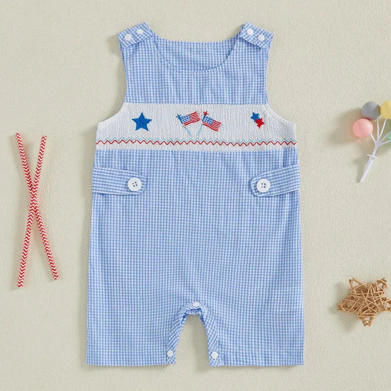 Blue gingham patriotic baby romper for infants with embroidered American flags and stars