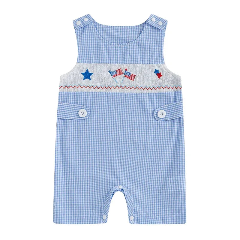 Blue and white checkered patriotic baby romper with embroidered American flags and stars for infants