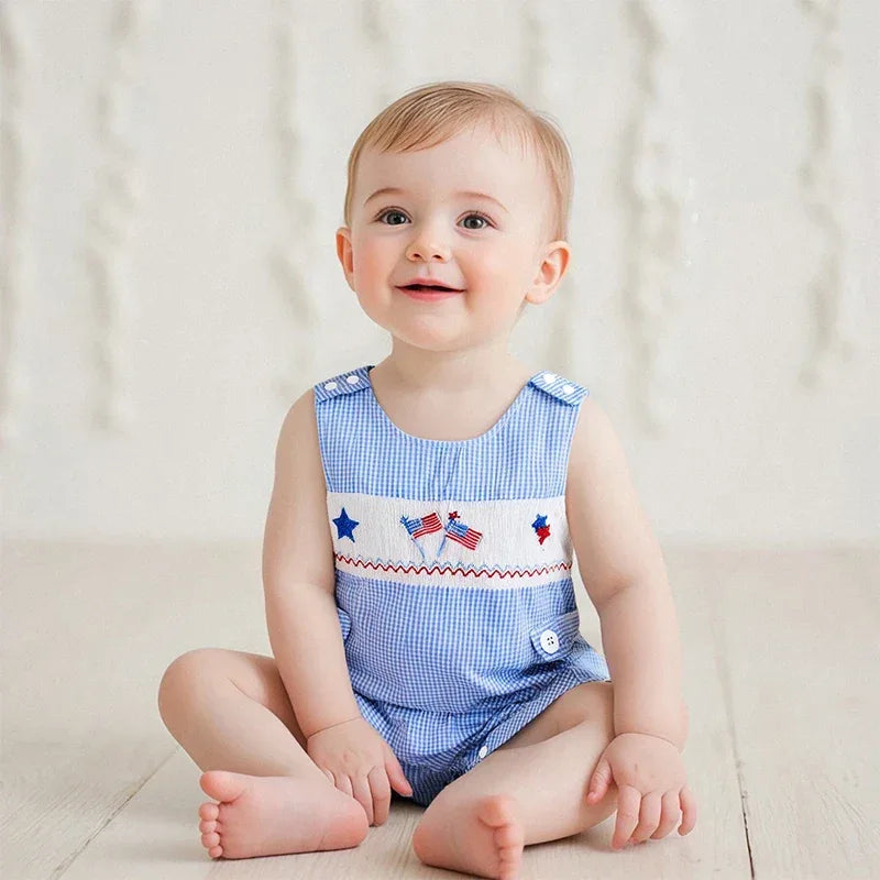 blue and white patriotic baby romper with flag and star embroidery for infant boys