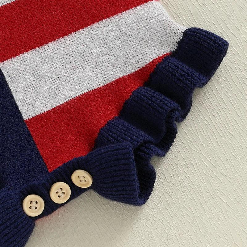 patriotic baby romper in red white and blue knit with ruffle trim and wooden buttons for infants