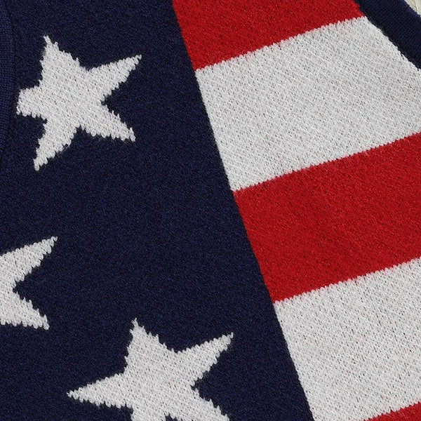 close-up of red white and blue patriotic baby romper with star and stripe pattern for infants