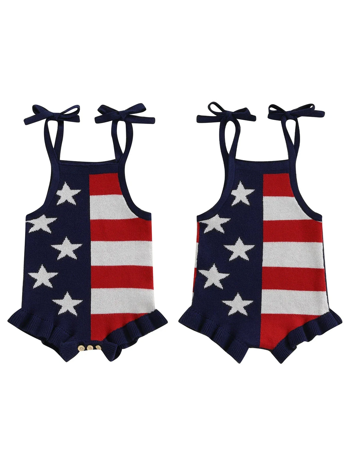 Navy red white patriotic baby romper for infants featuring stars and stripes with shoulder tie straps