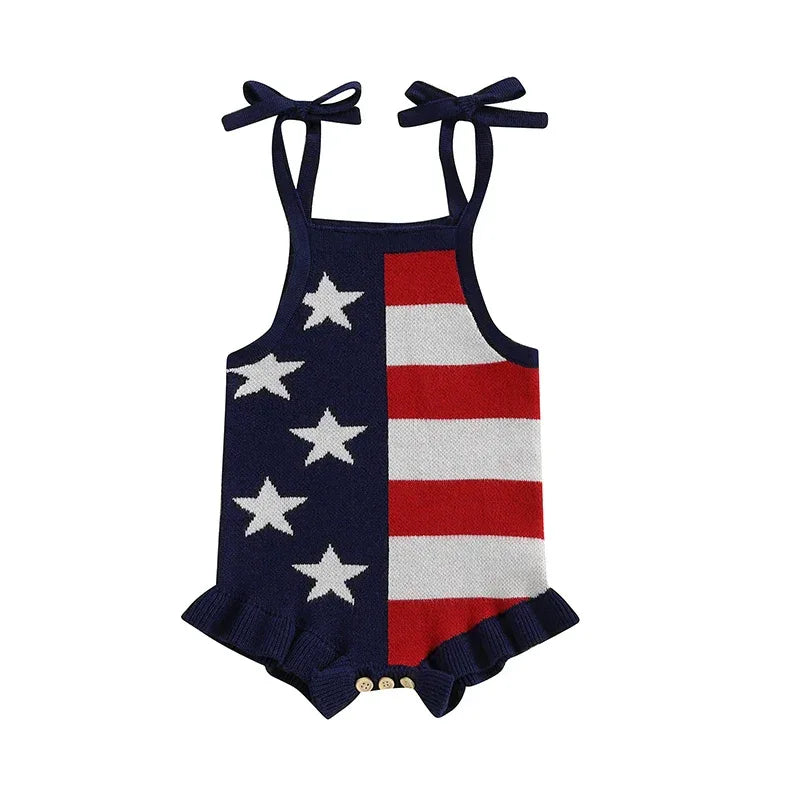 navy red white patriotic baby romper with star and stripe pattern, toddler size, shoulder tie straps and ruffled hem