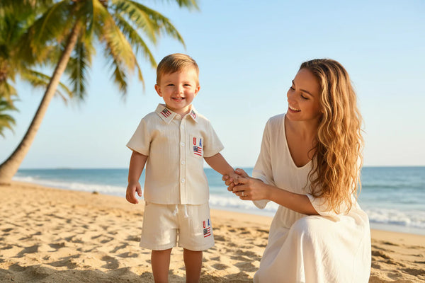 Patriotic Cutie Short Sleeve Shirt & Elastic Waistband Boys Shorts Set - The Palm Beach Baby Estimated 10 - 18 Day Delivery