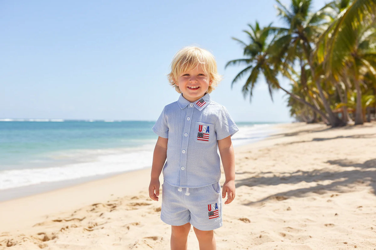 Patriotic Cutie Short Sleeve Shirt & Elastic Waistband Boys Shorts Set - The Palm Beach Baby Estimated 10 - 18 Day Delivery