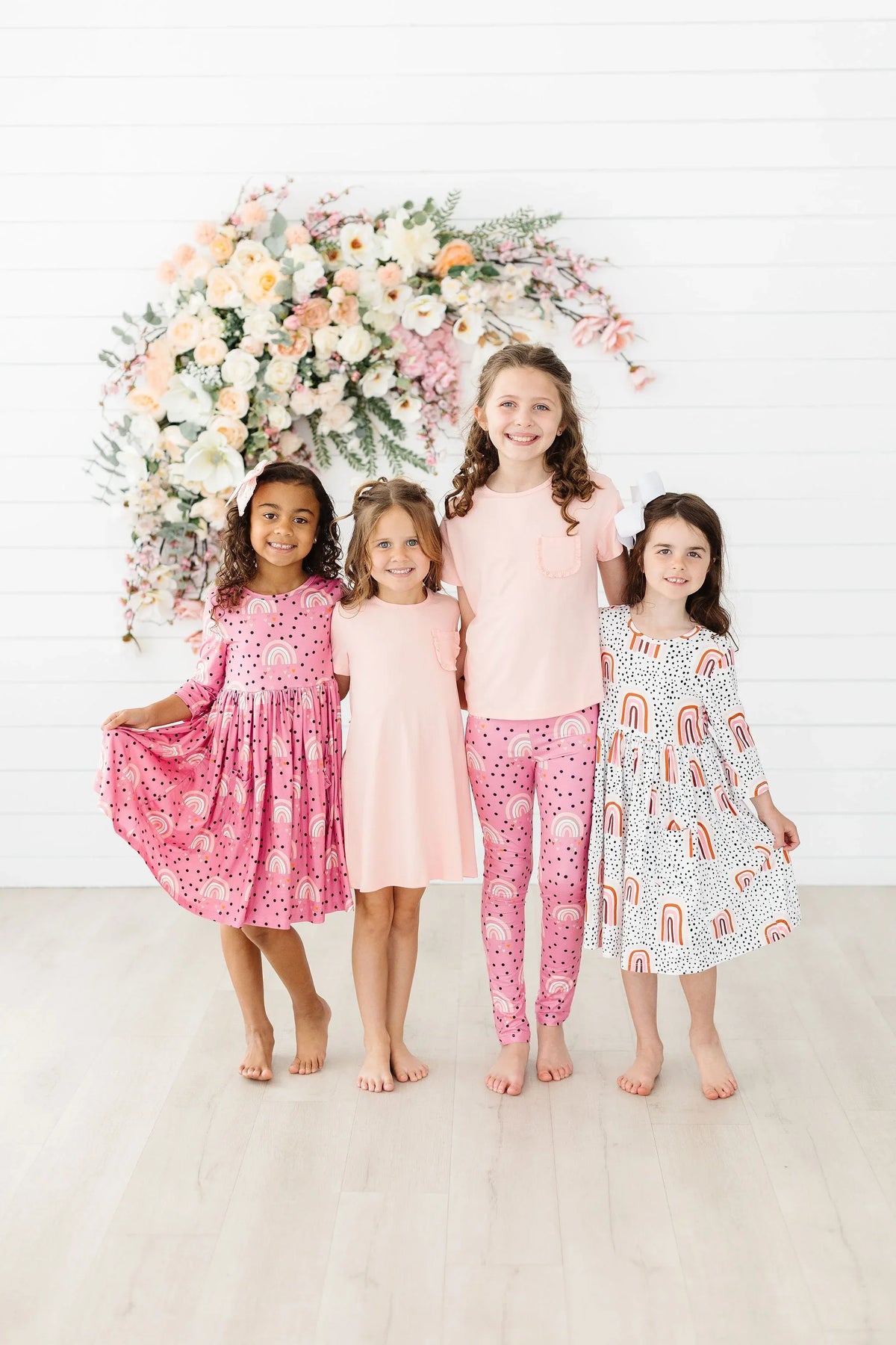 Girls peach rainbow twirl dress 3/4 sleeve by Mila & Rose with soft cotton fabric and playful design