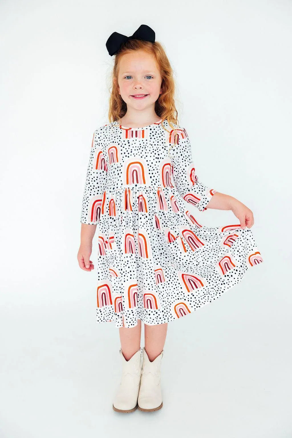 Toddler girls peach rainbow twirl dress with pockets and 3/4 sleeves by Mila & Rose