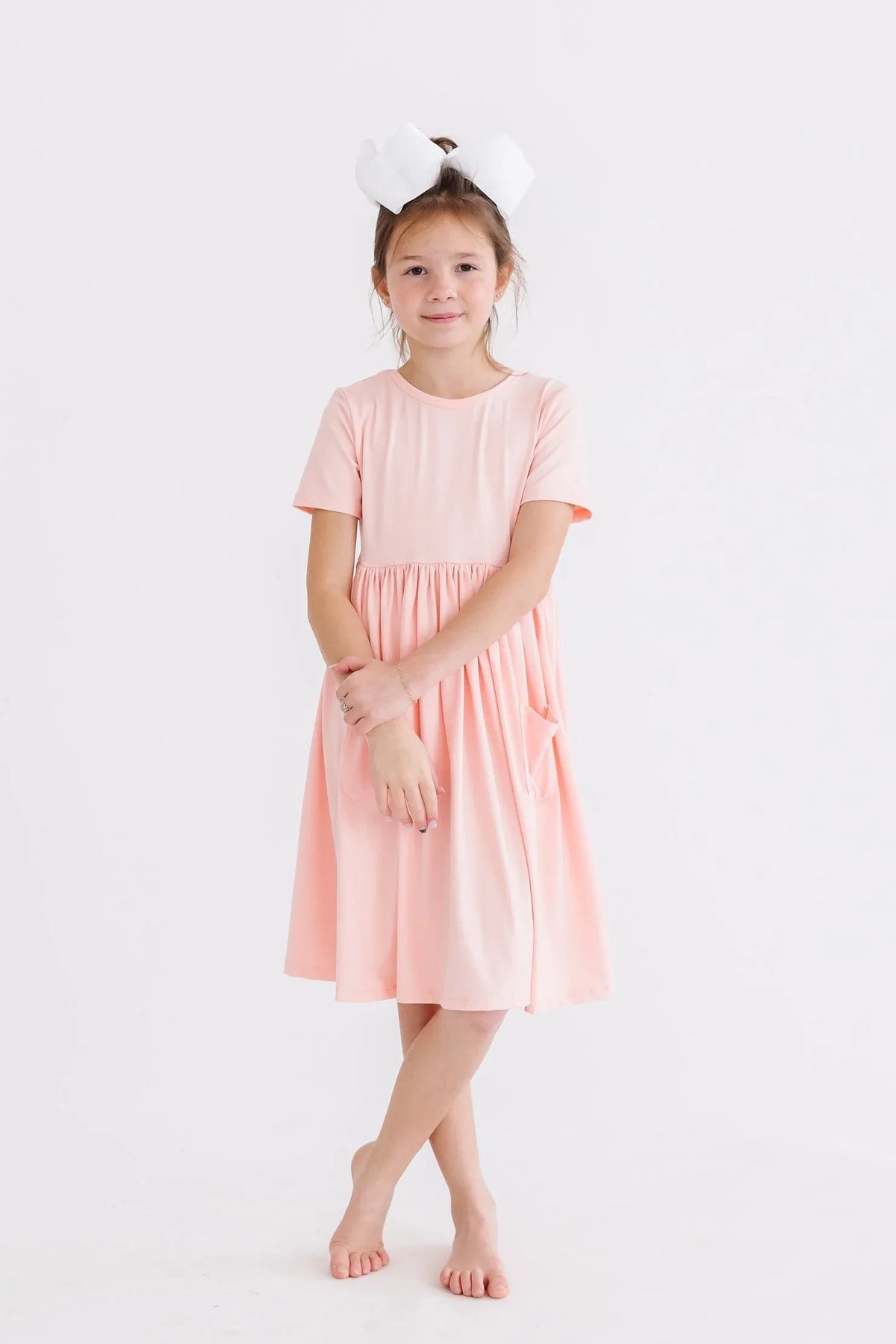 Peach twirl dress for girls short sleeve pocket dress in size for young girls