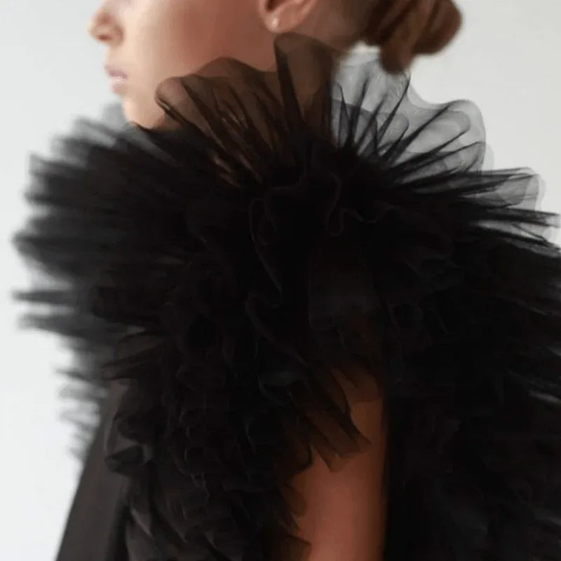 girls black party dress with large layered tulle ruffles on shoulders for kids
