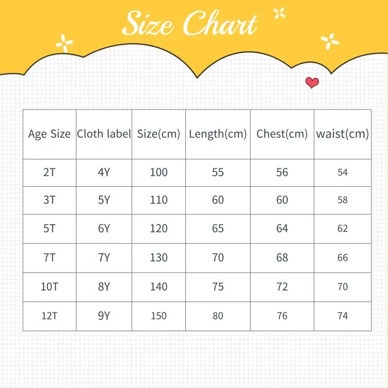 Size chart for babies and kids party dress showing measurements for ages 2T to 12T in centimeters