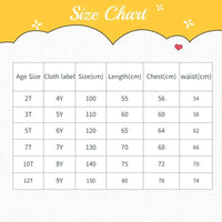 Size chart for babies and kids party dress showing measurements for ages 2T to 12T in centimeters