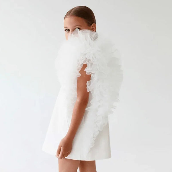 girls white party dress with large ruffled tulle sleeves, suitable for toddlers and kids