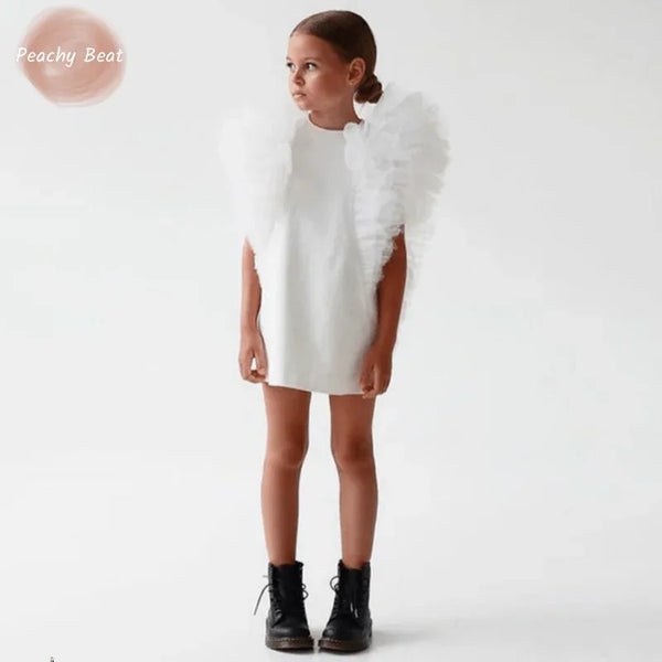 Girls white party dress with ruffled shoulder details, age 4-6 years