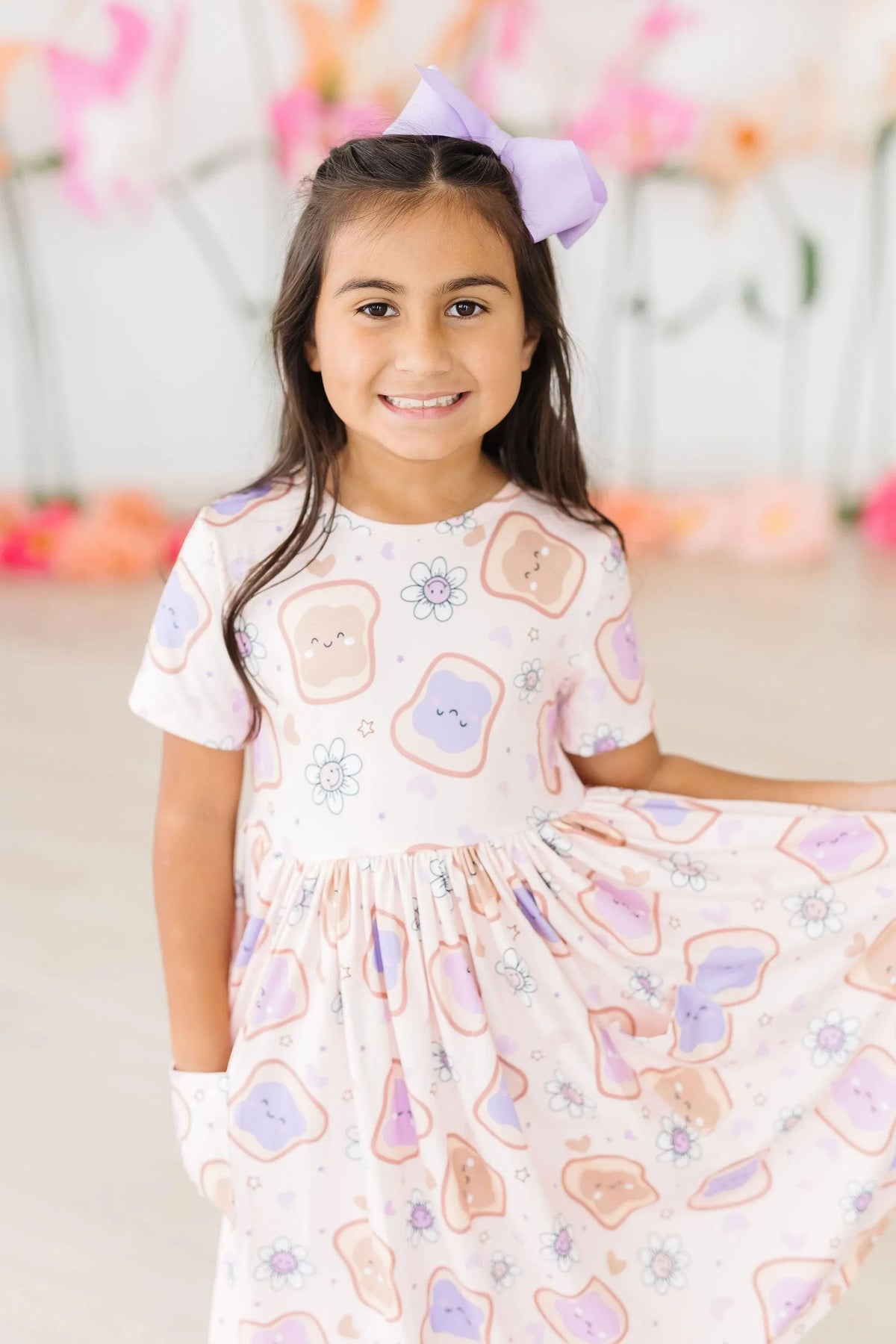 Girls short sleeve peanut butter jelly dress for girls with twirl pocket and playful print