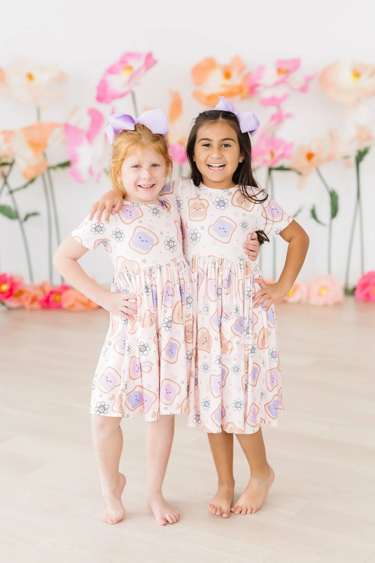 Girls peanut butter jelly dress for girls by Mila & Rose, short sleeve twirl pocket dress in pastel colors
