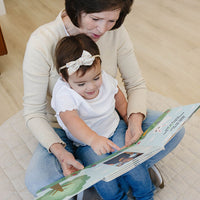 Peek a photo interactive book with toddler girl in white shirt and headband reading with grandmother