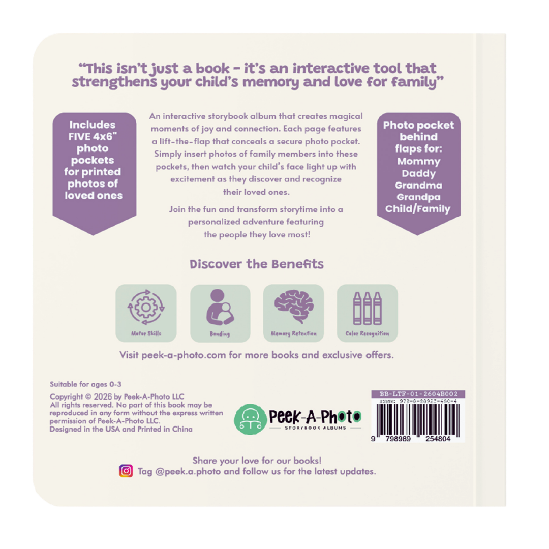 Peek a photo interactive book back cover with five 4x6 photo pockets for ages 0-3, story bonding tool