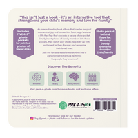 Peek a photo interactive book back cover with five 4x6 photo pockets for ages 0-3, story bonding tool