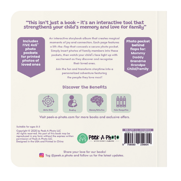 Peek a photo interactive book back cover with five 4x6 photo pockets for ages 0-3, story bonding tool