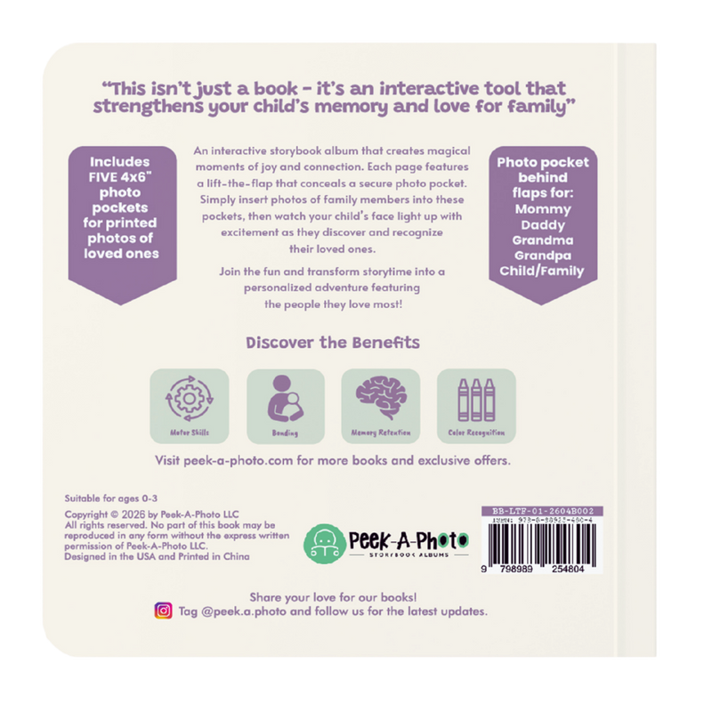 Peek a photo interactive book back cover with five 4x6 photo pockets for ages 0-3, story bonding tool