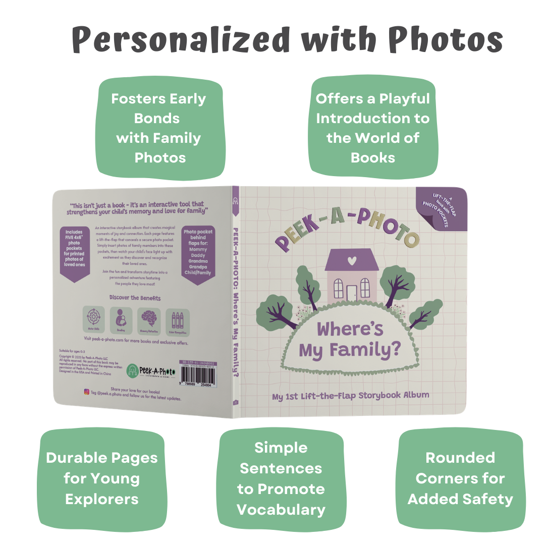 Peek a photo interactive book Where's My Family for toddlers with durable pages and rounded corners