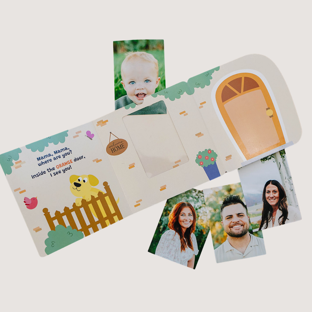 Peek a photo interactive book in pastel colors for toddlers with photo slots and playful animal illustrations