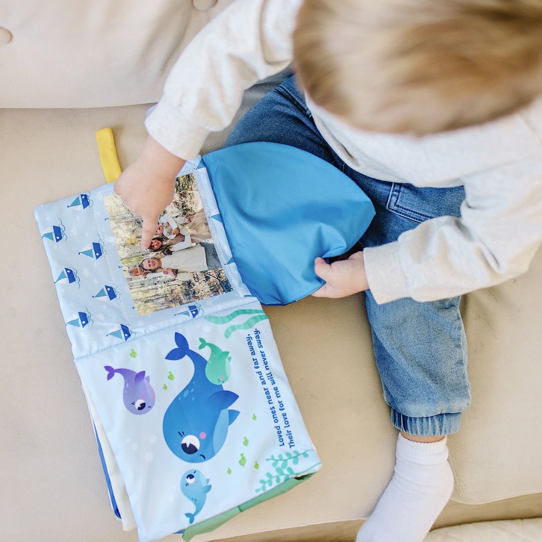 Peek-A-Photo interactive baby book in blue with ocean animals and photo pocket for toddlers, features 
