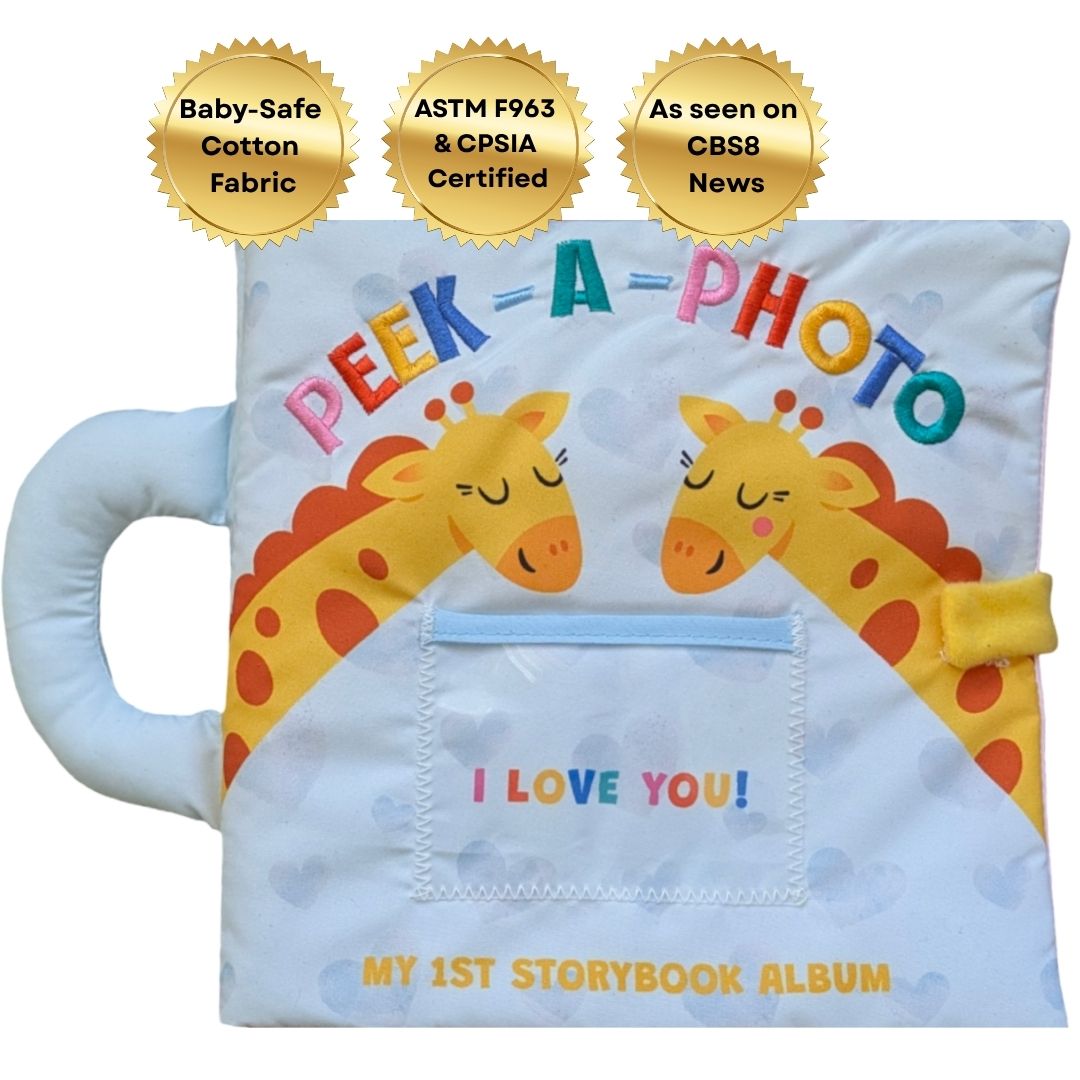 Peek-A-Photo interactive baby-safe cotton fabric book with giraffes and I love you text for infants